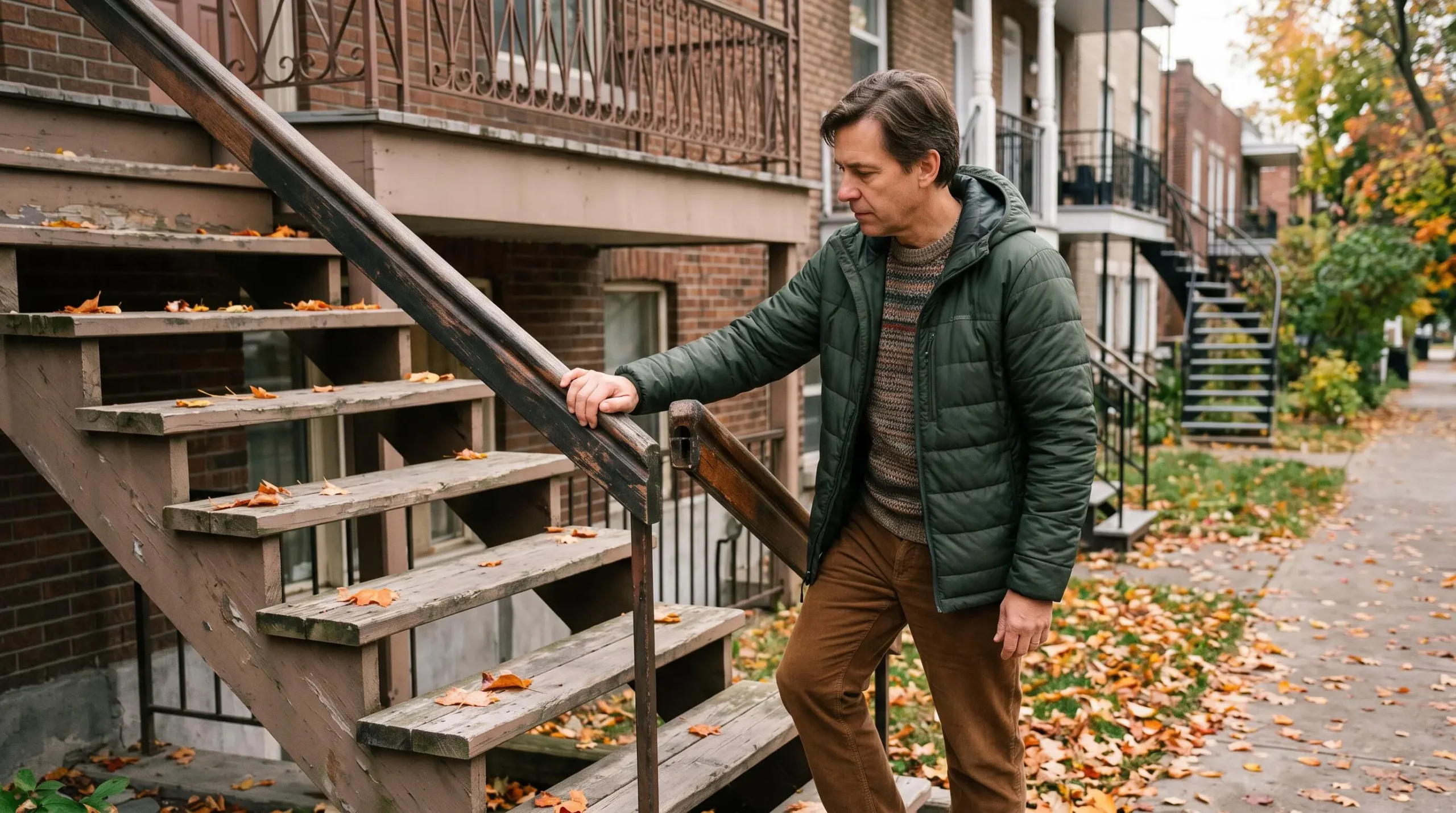 Propriétaire inspectant l'état d'une rampe d'escalier extérieure sur un escalier résidentiel montréalais en automne
