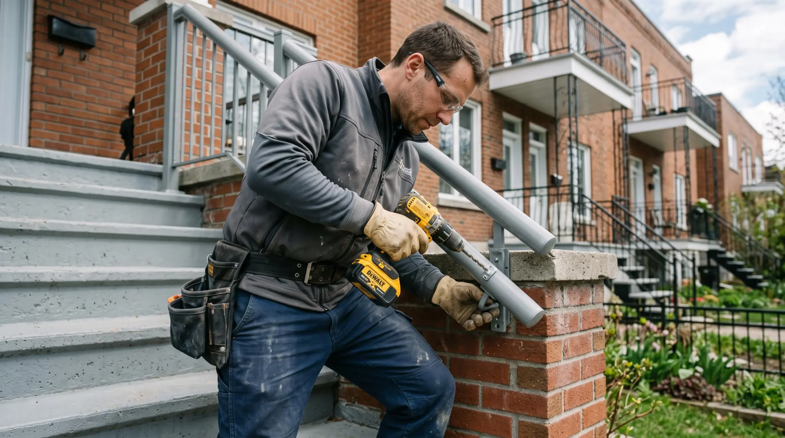 Installateur professionnel fixant une rampe d'escalier extérieure en aluminium sur un escalier résidentiel montréalais