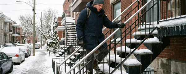 Personne montant un escalier extérieur enneigé à Montréal en tenant fermement une rampe métallique installée